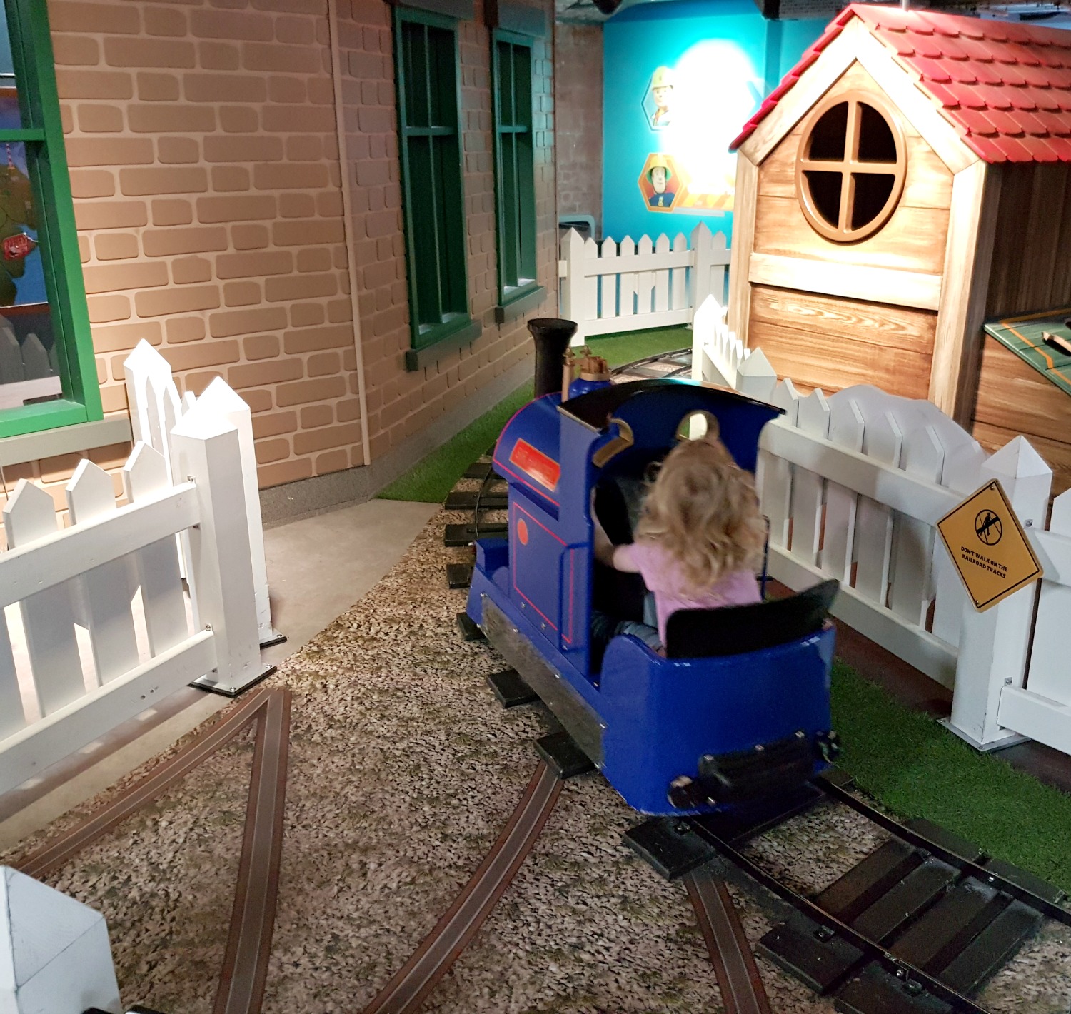 My daughter rides the mini train in the Thomas the Tank engine section of Mattel Play, one of the main Albert Dock kids attractions