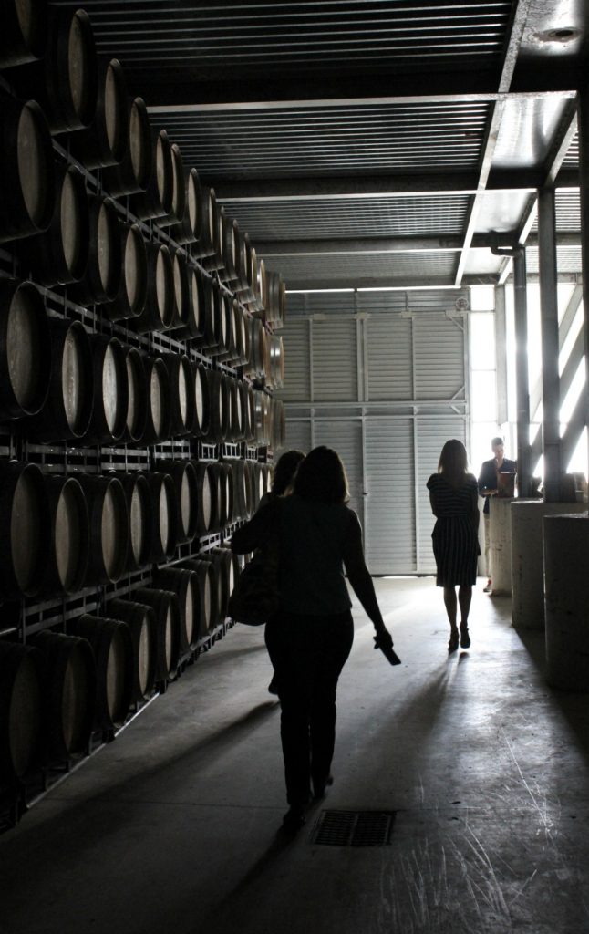 Silhouetted women walk through the cellar at Alta Alella vineyard. My photo tour of Costa Barcelona