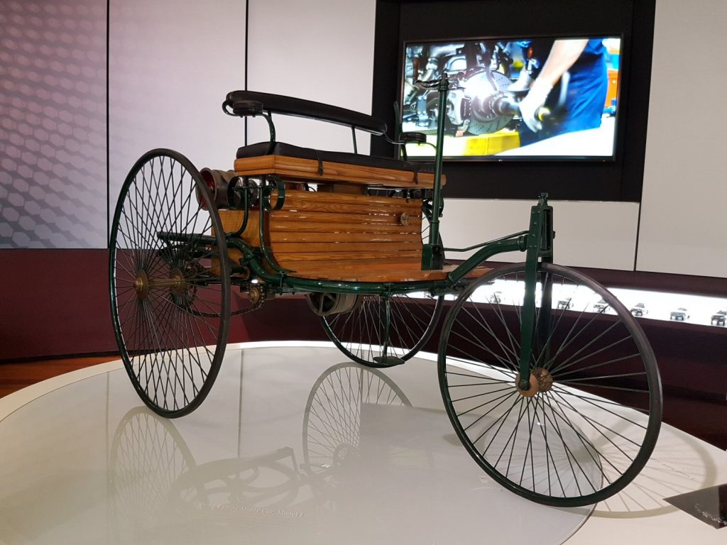 One of the oldest cars in the small museum at Mercedes Benz World - my review of our stay at Brooklands Hotel with kids