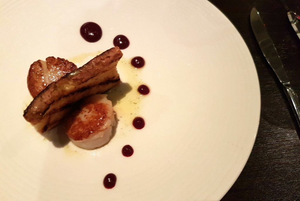 My starter of scallops in 1907 restaurant at Brooklands Hotel, Surrey - my review of our stay at Brooklands Hotel with kids