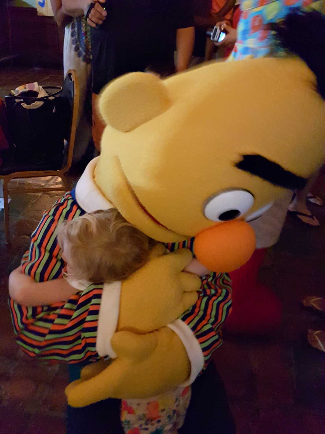 Bert from Sesame Street gives my daughter a hug at the character breakfast from Sesame Street at Beaches Turks and Caicos