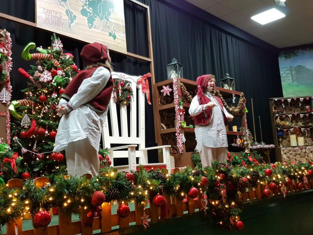 Two elves called Berry and Twig lead elf school at Willows Activity Farm Santa Spectacular near St Albans in Hertfordshire - my review of our family day out