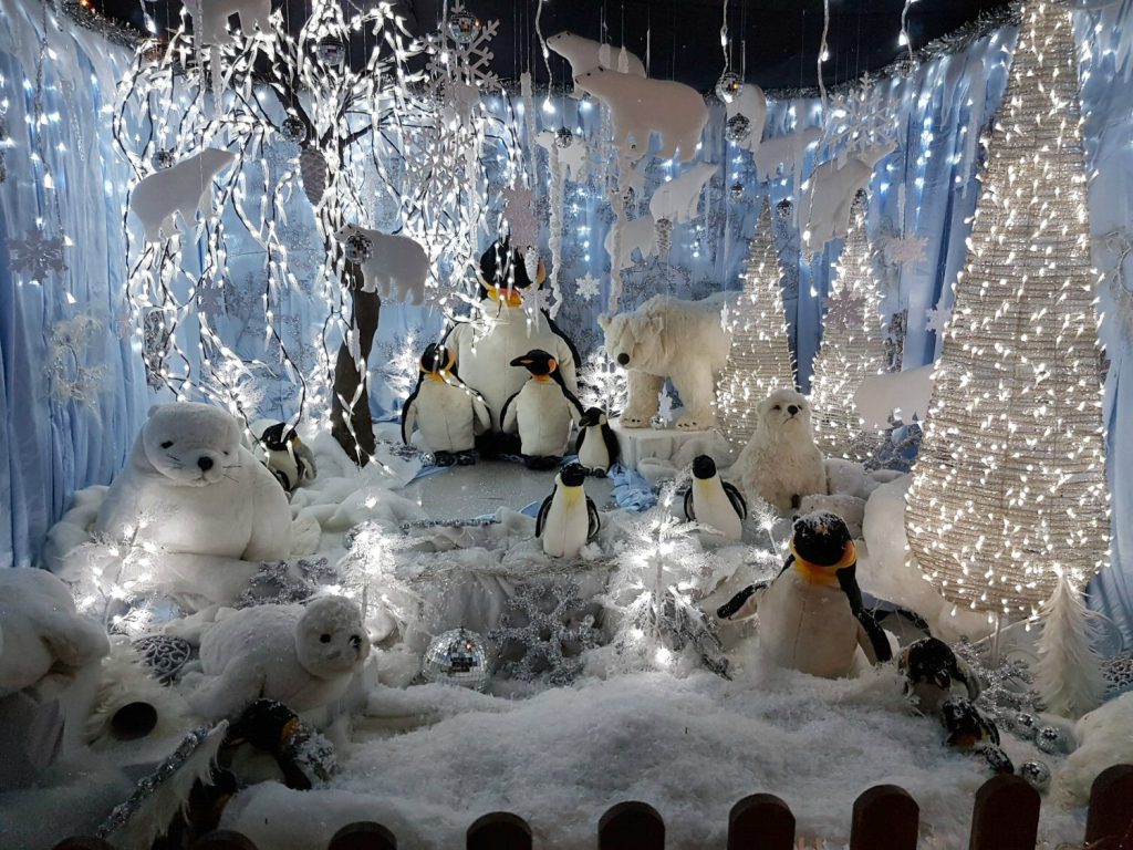 Penguin and snow display in Santa's Grotto at at Willows Activity Farm Santa Spectacular near St Albans in Hertfordshire - my review of our family day out