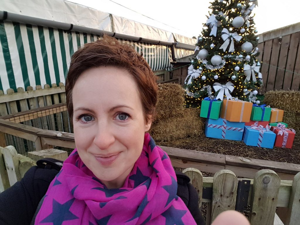Selfie in front of a Christmas tree at Willows Activity Farm Santa Spectacular near St Albans in Hertfordshire - my review of our family day out