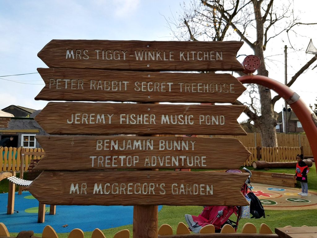 Sign at the entrance to the Peter Rabbit adventure playground at Willows Activity Farm Santa Spectacular near St Albans in Hertfordshire - my review of our family day out