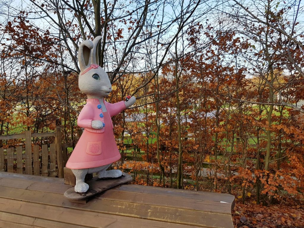 Lily Rabbit statue in Peter Rabbit's adventure playground at Willows Activity Farm Santa Spectacular near St Albans in Hertfordshire - my review of our family day out