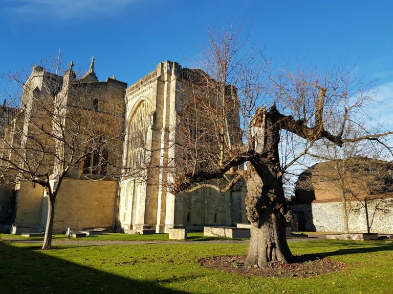 Exterior of Winchester cathedral in Hampshire, with Winchester Christmas market in its grounds - visiting Winchester Christmas market with kids