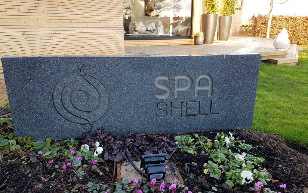 Sign for the spa at Fishmore Hall in Shropshire, UK