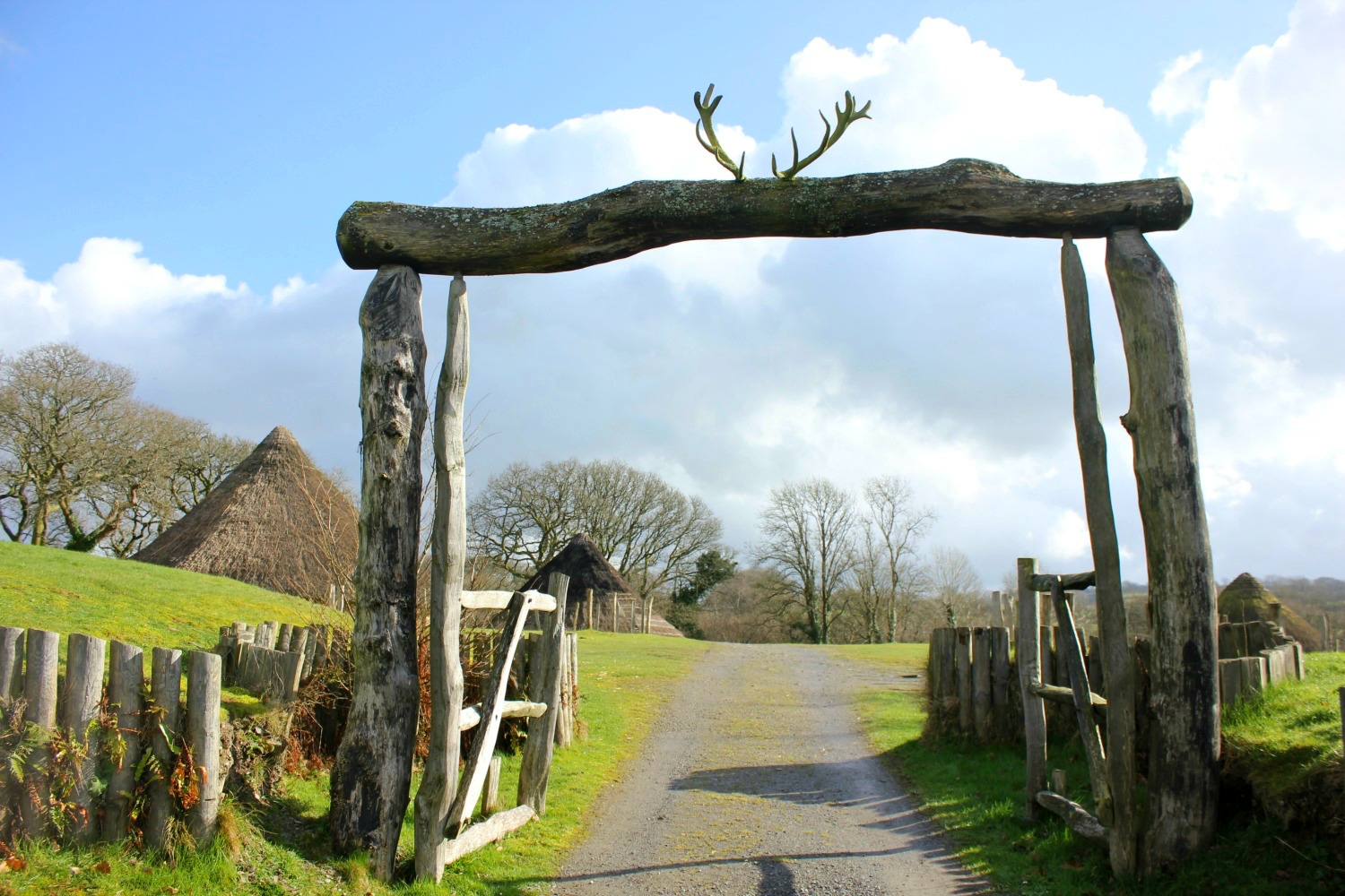 The antler-topped gateway to Castell Henllys Iron Age village in Wales - one of my three top days out in Pembrokeshire with kids