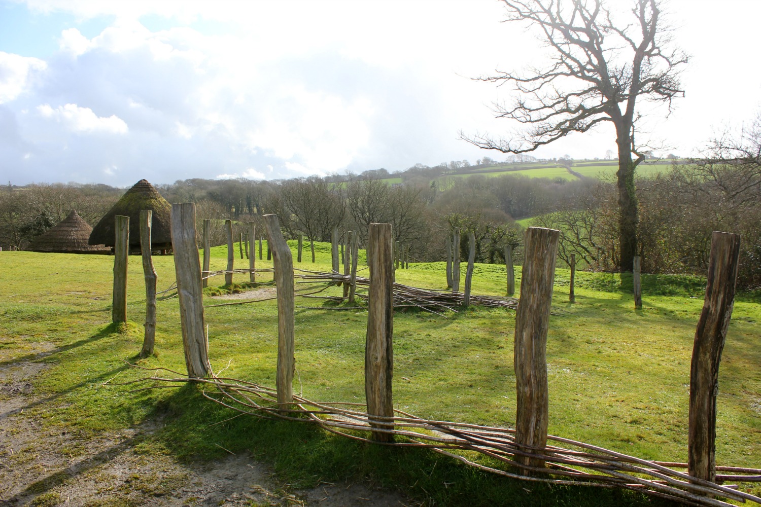 Posts of a roundhouse at Castell Henllys Iron Age village in Wales - one of my three top days out in Pembrokeshire with kids