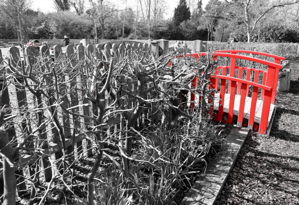 The small red bridge into the playground against a monocrhome background at at Cliveden - a day out in photos testing my Fujifilm X-A3 mirrorless camera