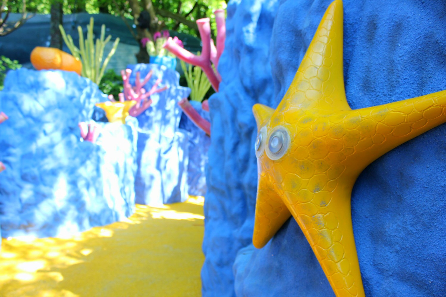 Brightly colour starfish and giant corals in the Underwater Kingdom at Blackgang Chine - a day out hunting the Isle of Wight dinosaurs