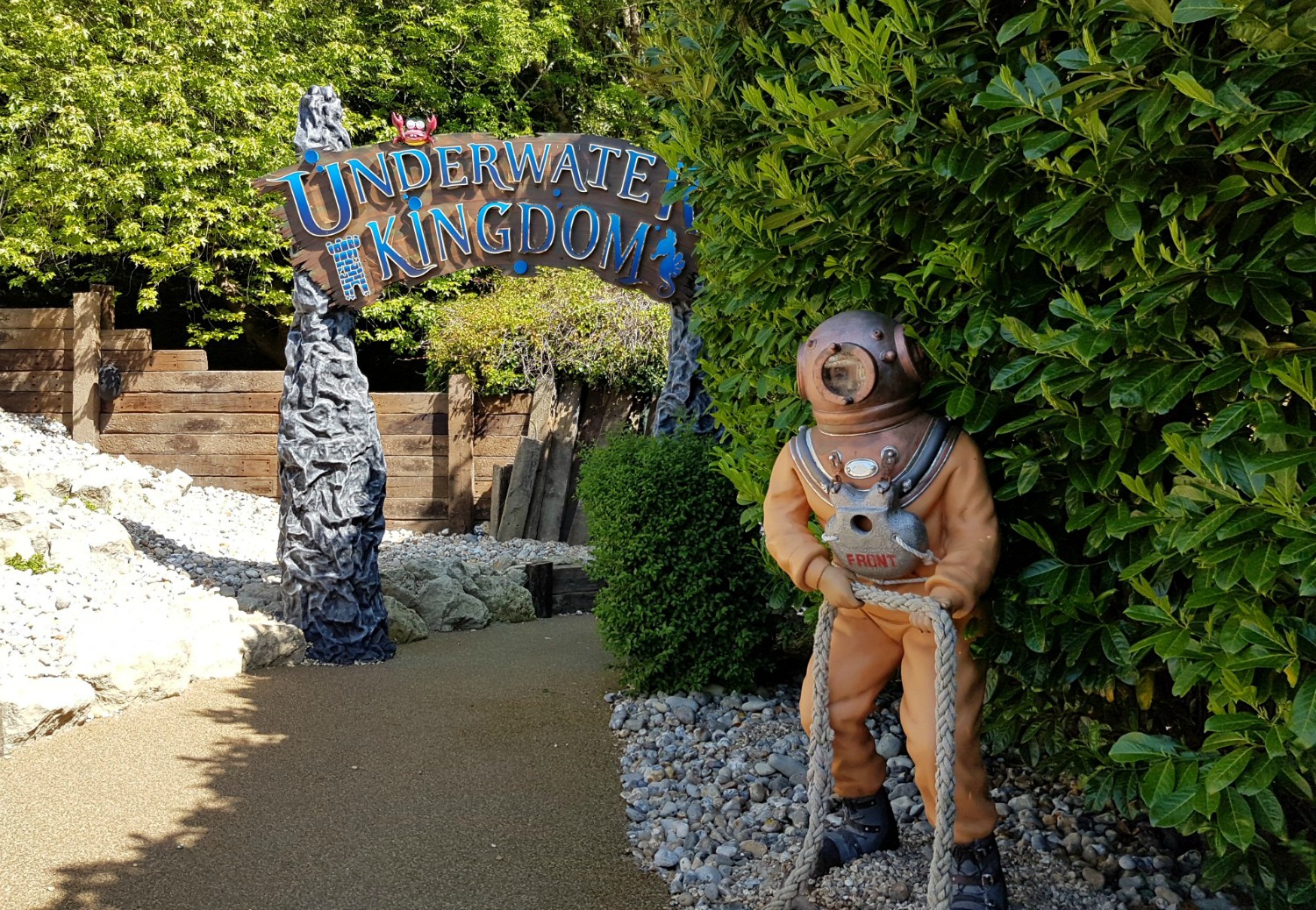 Diver at the entrance to the Underwater Kingdom at Blackgang Chine - a day out hunting the Isle of Wight dinosaurs