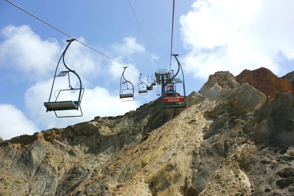 The chair lift up the cliff from Alum Bay back up to The Needles attraction - discovering the Isle of Wight coast