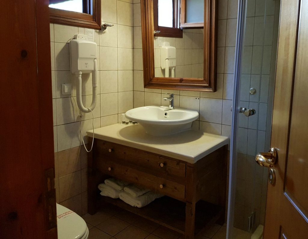 The bathroom in our maisonette at Iapetos Village on Symi in Greece - my Iapetos Village Symi review