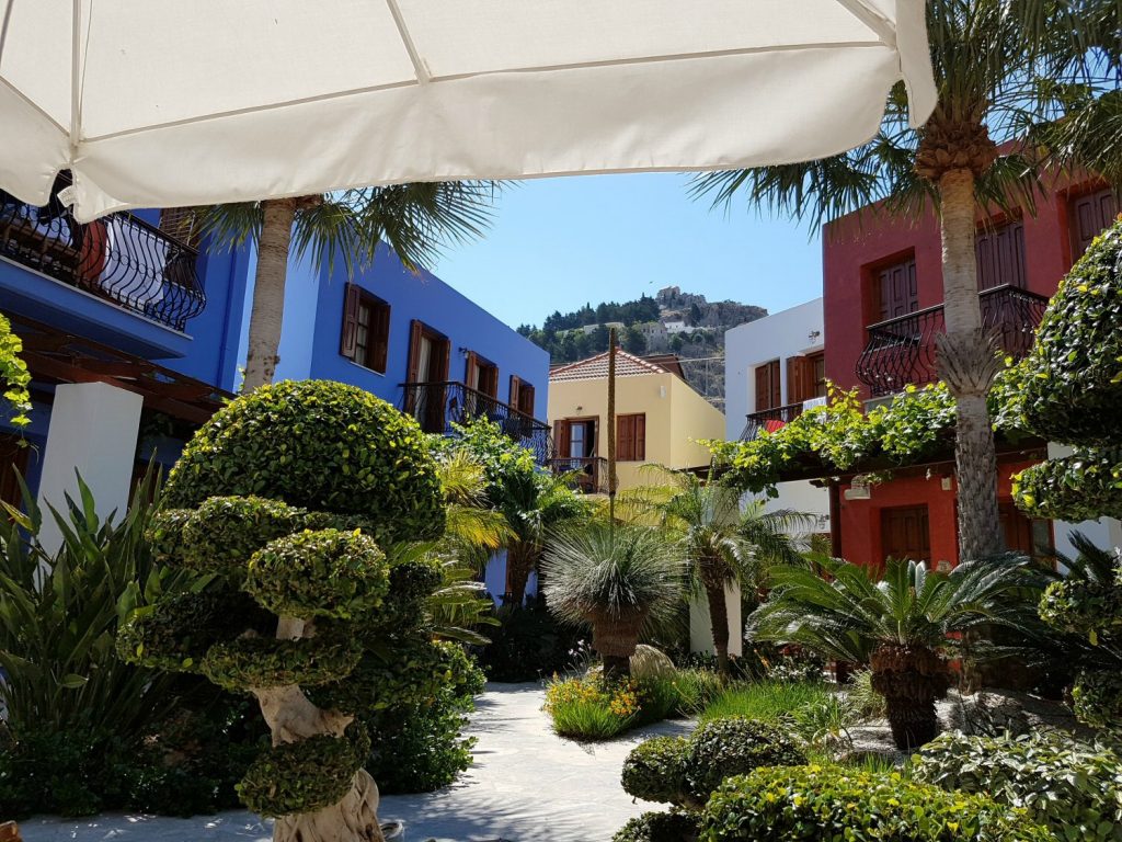 Looking from the courtyard at Iapetos Village on Symi in Greece - my Iapetos Village Symi review