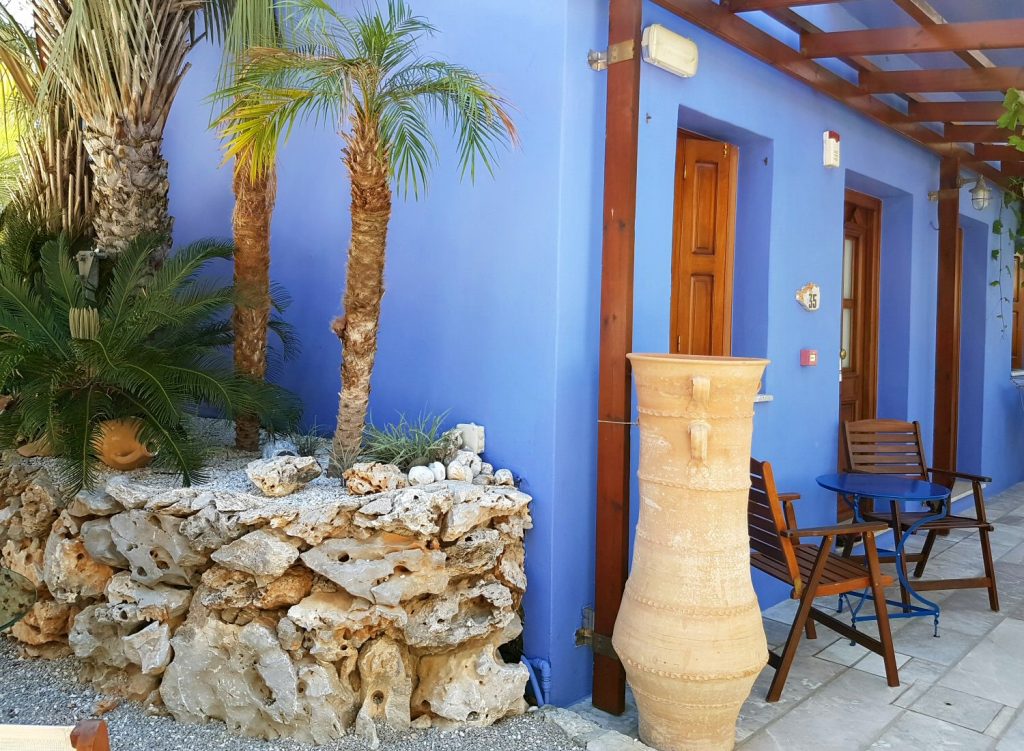 Blue exterior of one of the rooms at Iapetos Village on Symi in Greece - my Iapetos Village Symi review