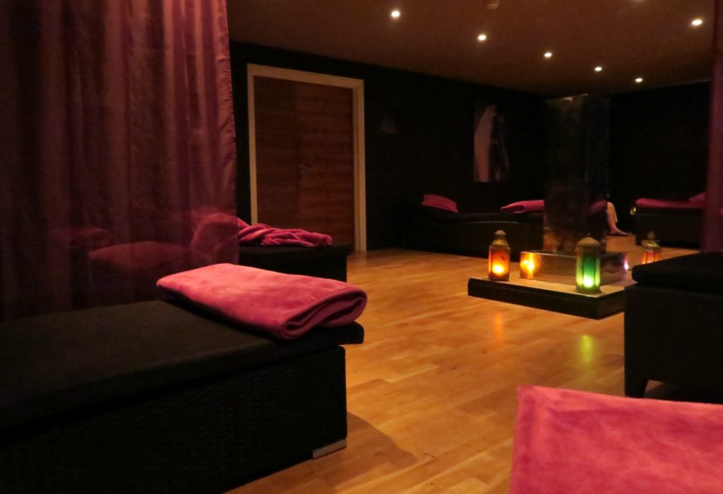 Moroccan style lamps and red velvety blankets in the relaxation room - I review Malvern Spa Hotel Worcestershire