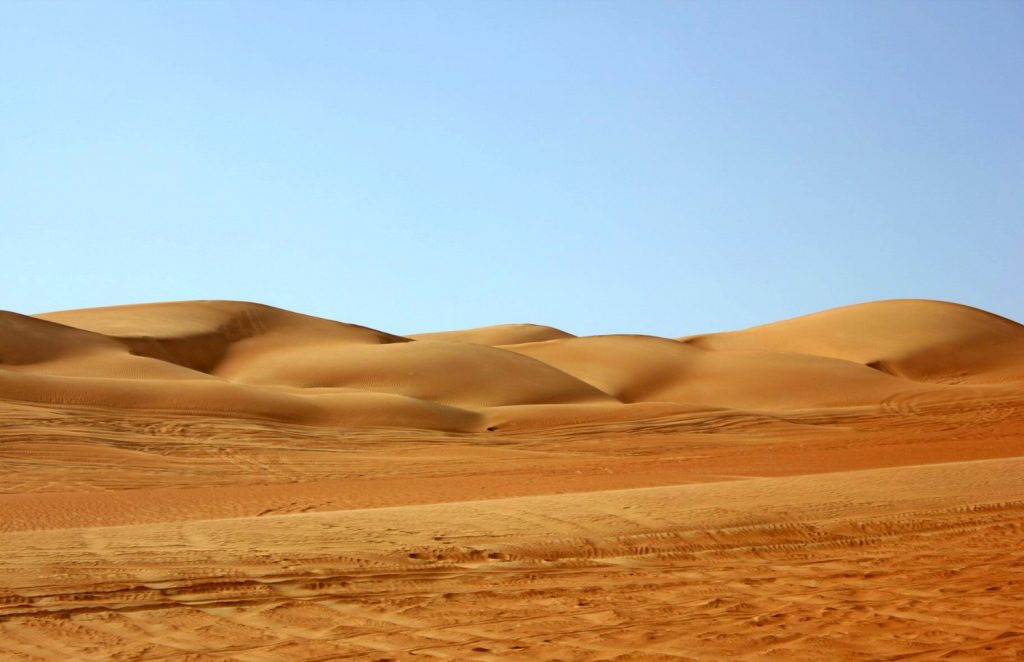 Burned orange sand dunes with tyre tracks in the sand in front at Wahiba Sands in Oman - my nine reasons to visit Oman with kids