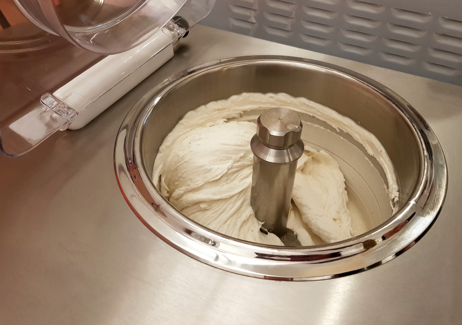 Churning banana semifreddo at Perche No Gelato Academy in Florence, Italy - my Uffizi tour with kids and gelato making day in Florence