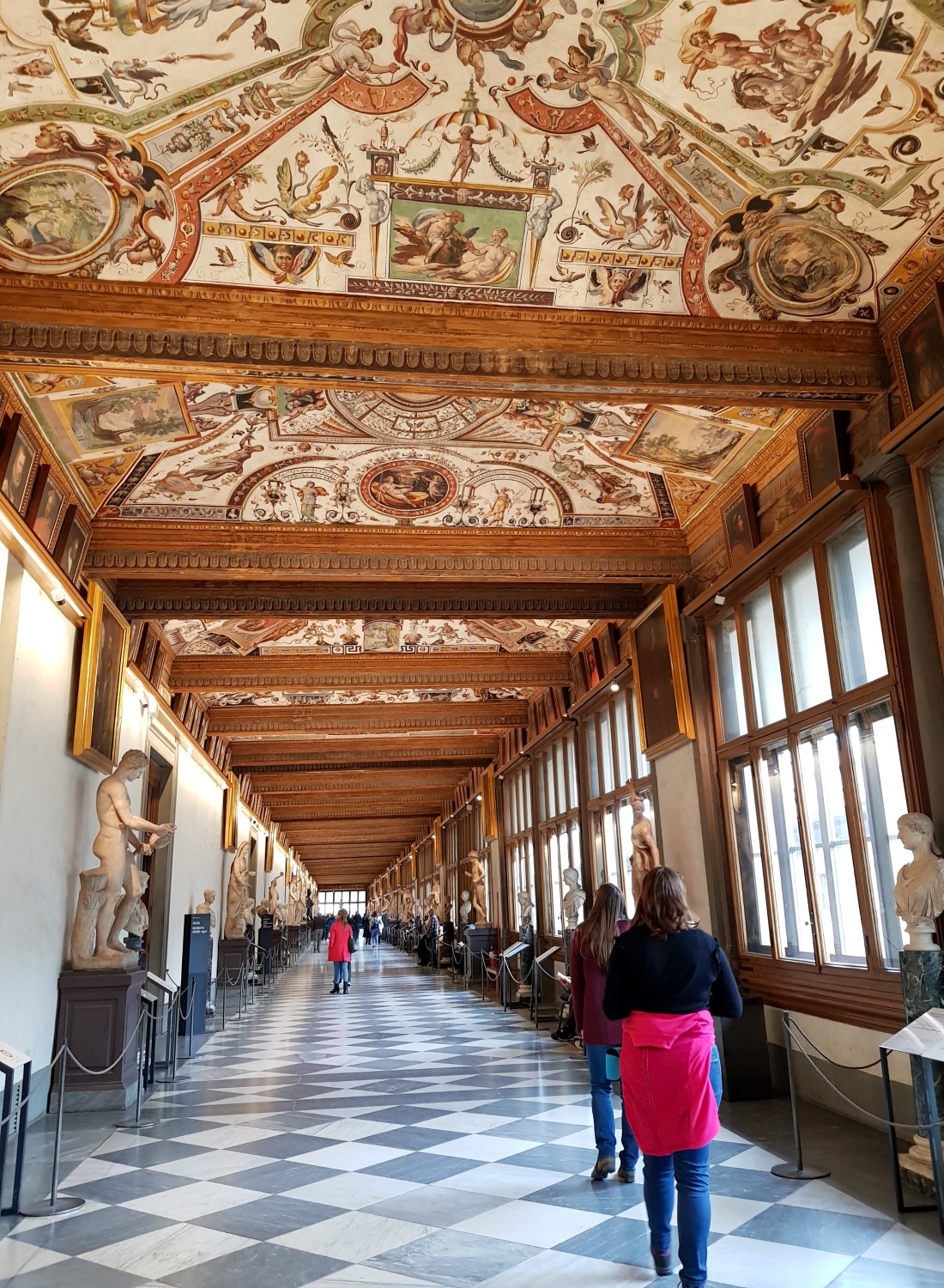 The decorative gallery at the Uffizi museum with its painted ceiling - my Uffizi tour with kids and gelato making day in Florence