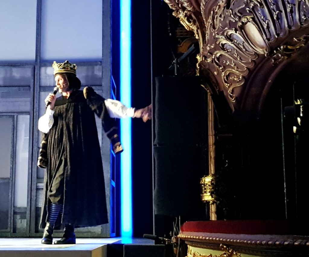 Richard III sings a solo from the latest Horrible Histories show on the stage at the Apollo Theatre during the preview for Kids Week London 2018, with discounts on children's tickets for West End shows