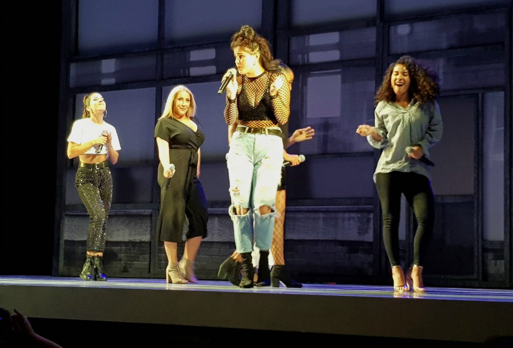 Some of the cast of Six, the new musical about Henry VIII's wives on the stage at the Apollo Theatre during the preview for Kids Week London 2018, with discounts on children's tickets for West End shows