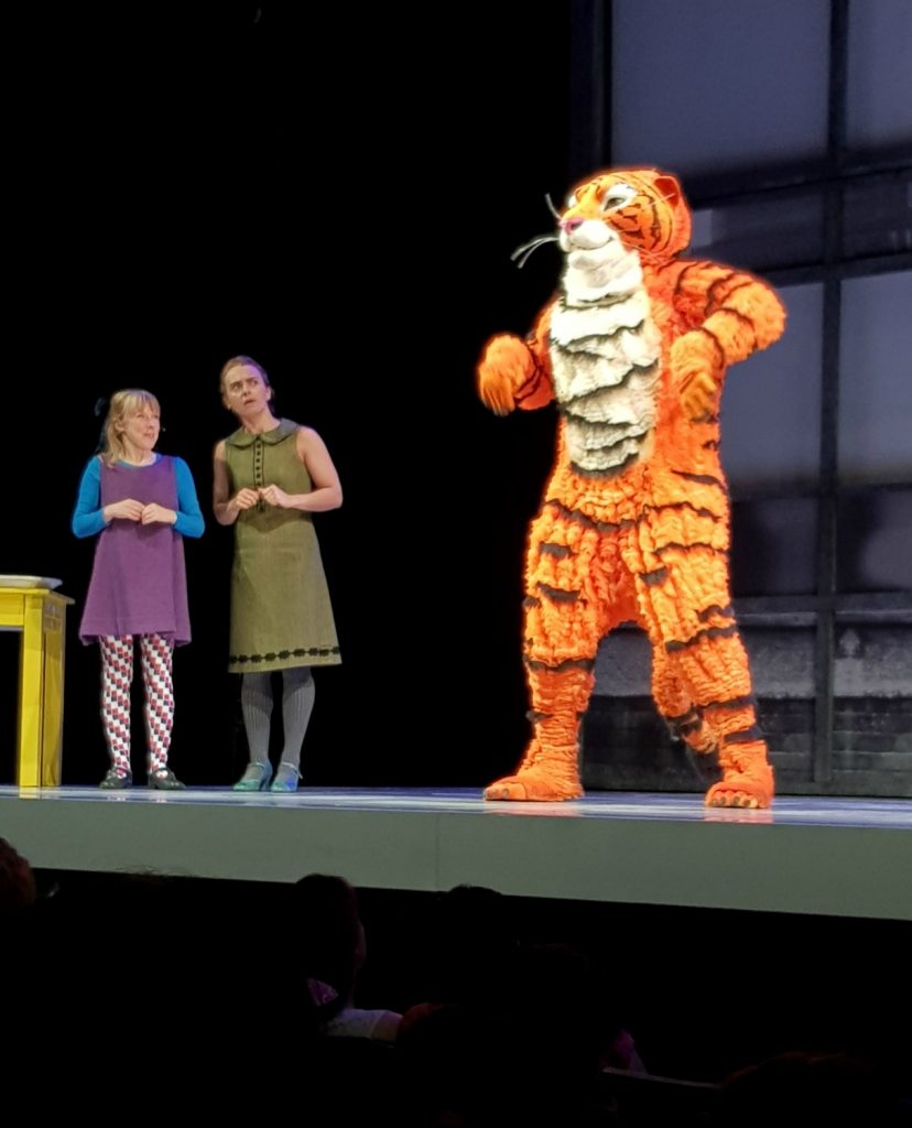 Tiger with Sophie and Mummy, during The Tiger Who Came To Tea, on the stage at the Apollo Theatre during the preview for Kids Week London 2018, with discounts on children's tickets for West End shows