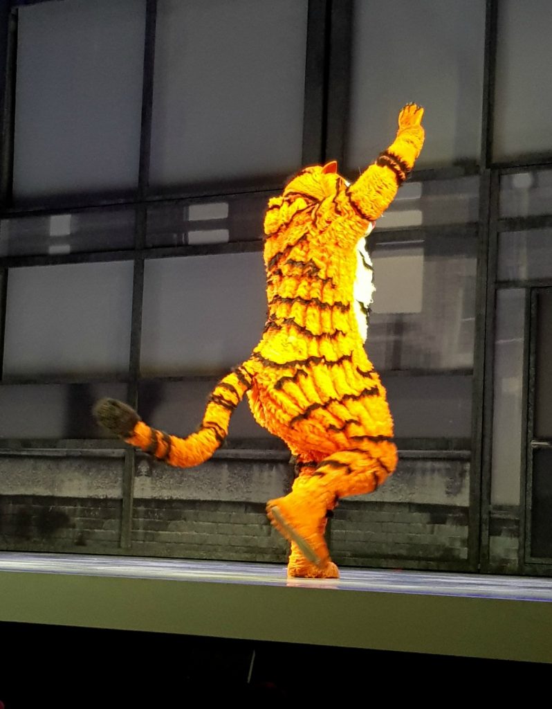 Tiger aerobics, during The Tiger Who Came To Tea, on the stage at the Apollo Theatre during the preview for Kids Week London 2018, with discounts on children's tickets for West End shows