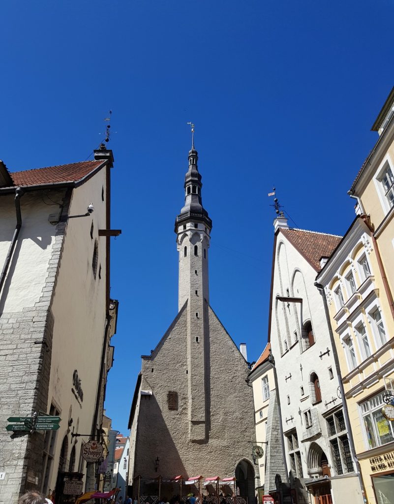 View to one of the many tall church spires in the Old Town - the city's famously fairytale architecture is just one of the many reasons to visit Tallinn, Estonia