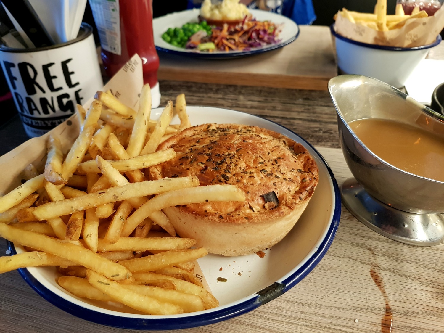 Chicken of Aragon pie and chips with gravy boat at Pieminster - following the Gromit Unleashed 2 trail in Bristol, our review