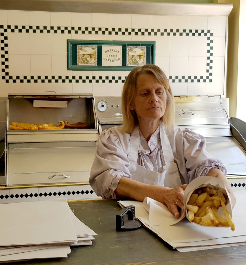 Chips cooked in dripping at the fish and chip shop at the Victorian Town open air museum - my Blists Hill review for the family-friendly attraction in Ironbridge Gorge, Shropshire