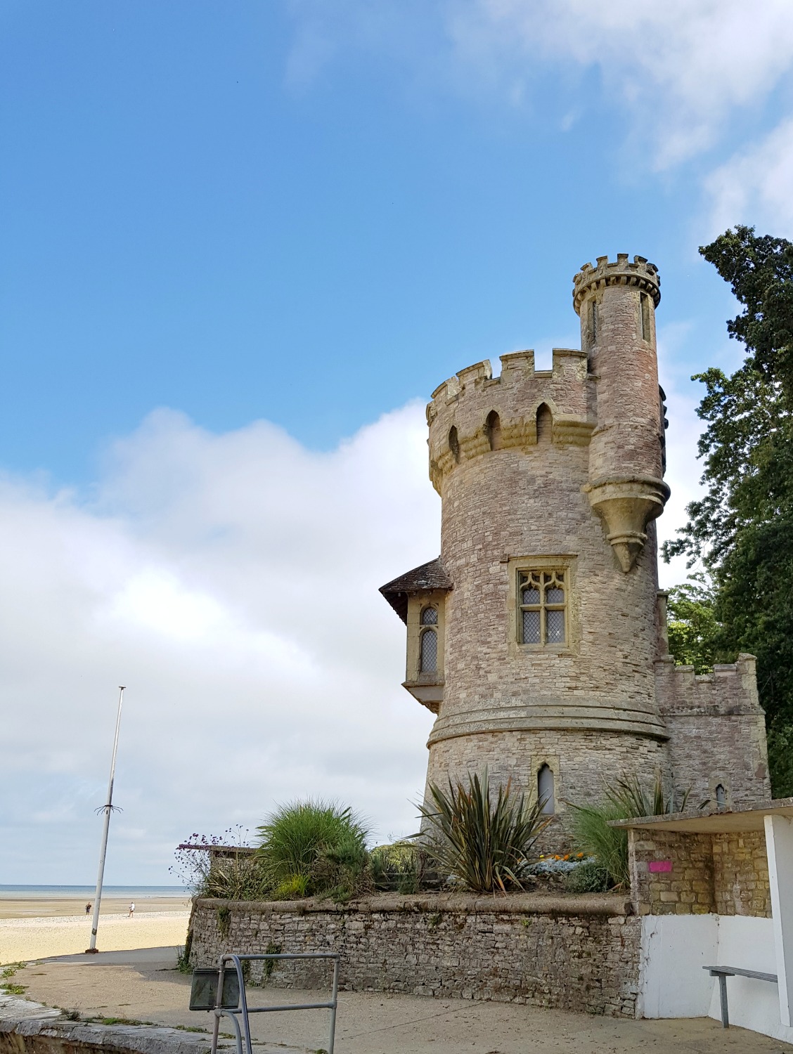 Appley Tower, the folly by the beach against a blue sky - an Isle of Wight bear hunt, exploring the island in the footsteps of the famous children's book
