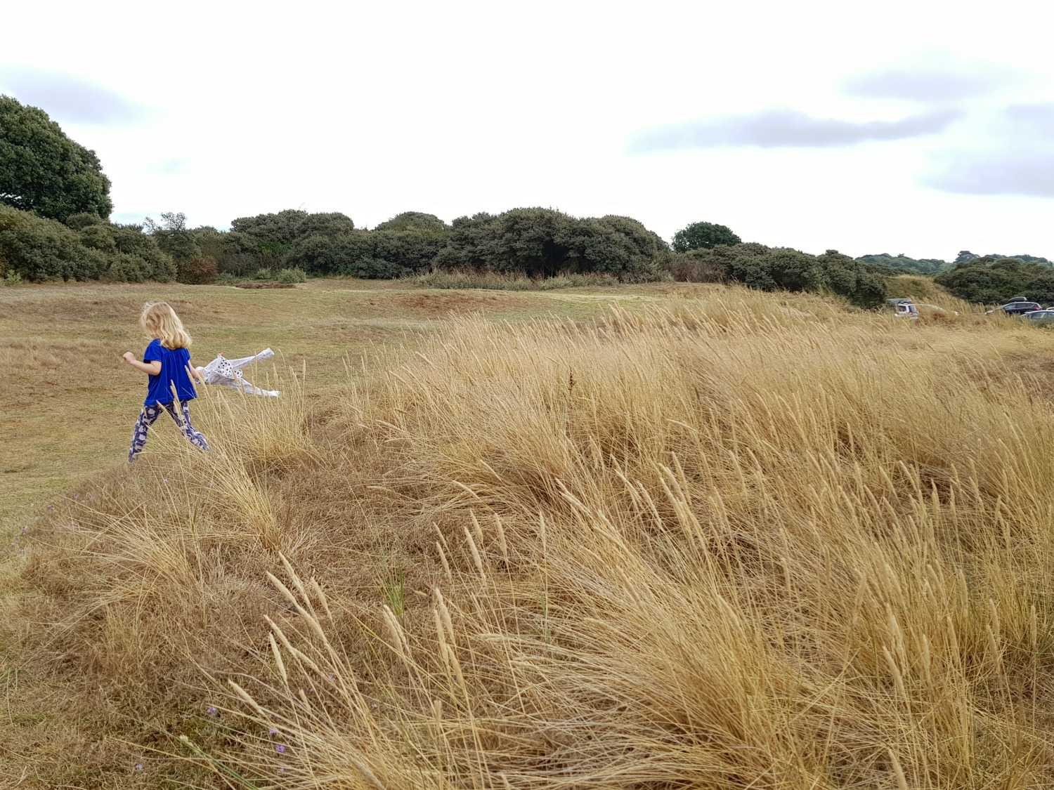 My daughter running through the marram grass at St Helens Duver - an Isle of Wight bear hunt, exploring the island in the footsteps of the famous children's book