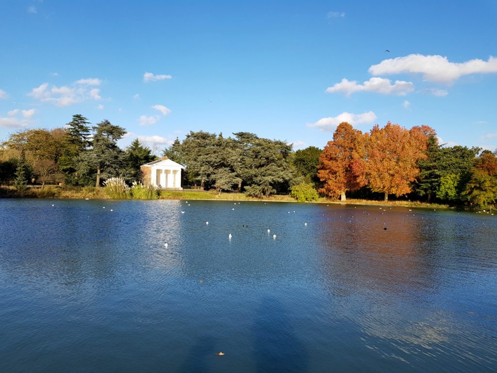 View across the blue lake with the white temple and its Doric columns against orange leaf trees and a blue sky - my review of a free day out in London, visiting Gunnersbury Park Museum with kids