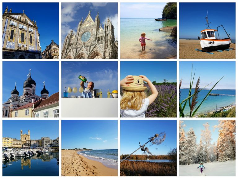 Collage of photos from our top family travel for 2018 including Porto, Siena, Langkawi, Suffolk, Tallinn, Menorca, Mayfield lavender, Isle of Wight, Corsica, Corfu, Trentham and Lapland