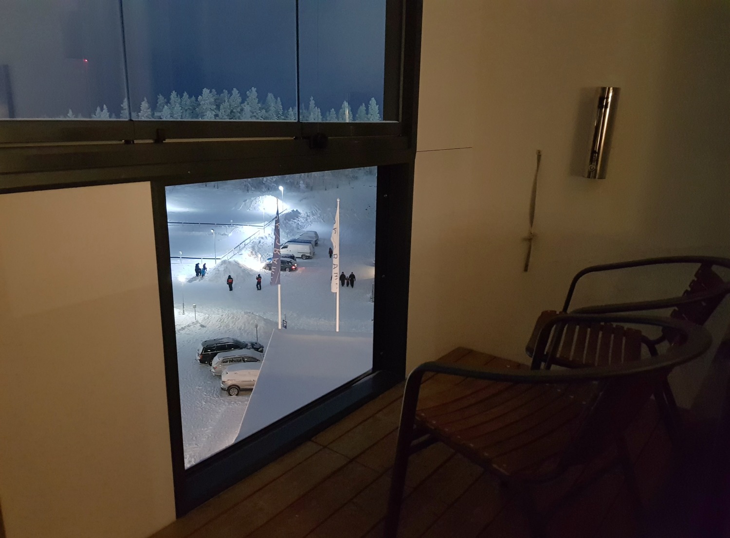 View of the front of the hotel from our chilly balcony - my review of Hotel Levi Panorama, Lapland
