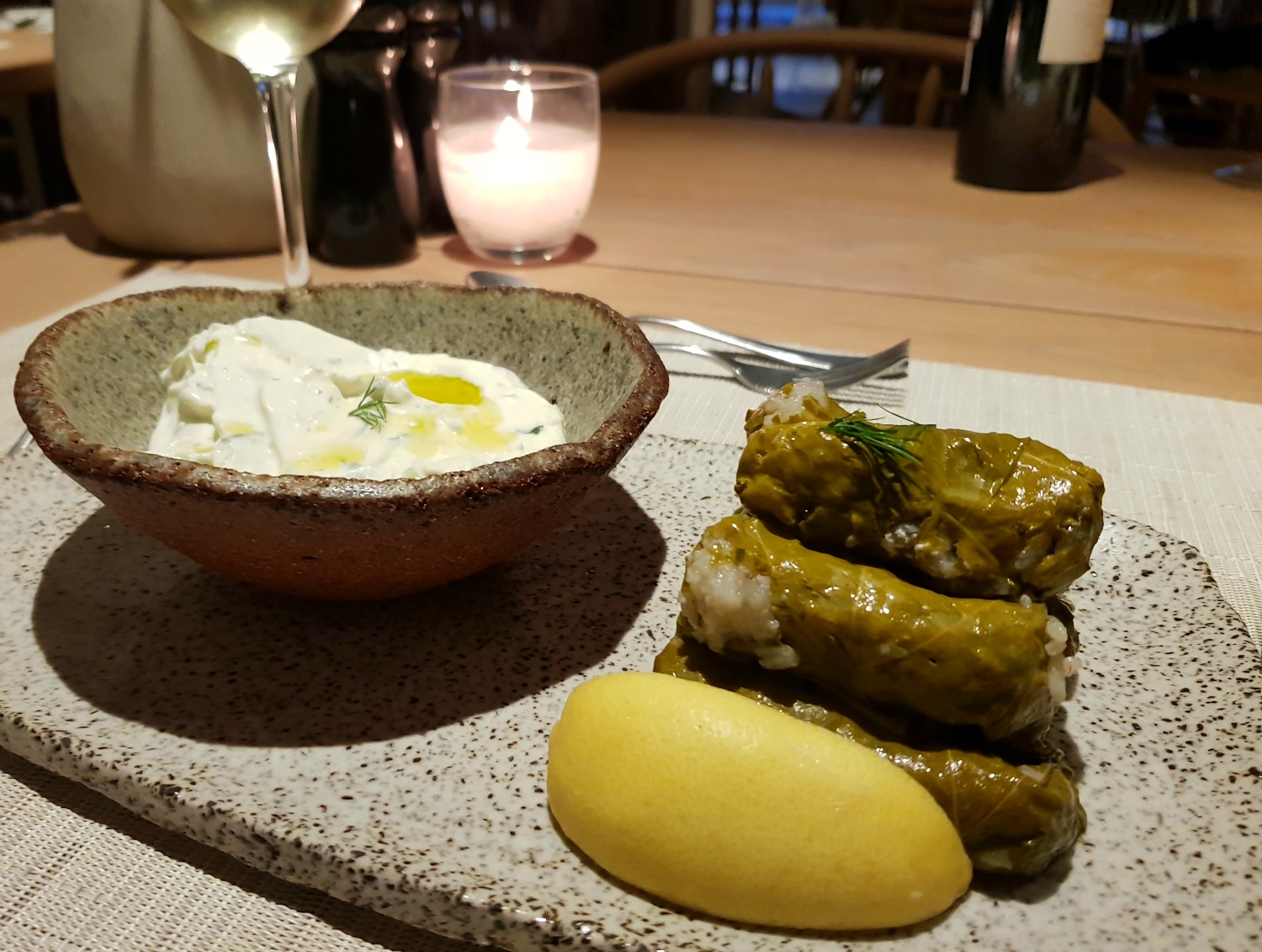 Dolmades with tzatziki at Ergon Deli in Ikos Dassia - my review of Ikos Dassia with kids, a family holiday in Corfu