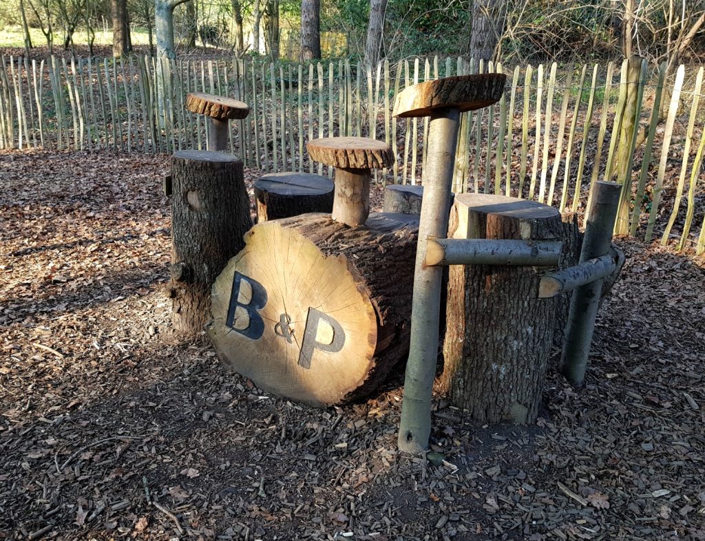 Natural drum kit at the natural play area at Scotney Castle, Kent - our winter day out at Scotney Castle with kids