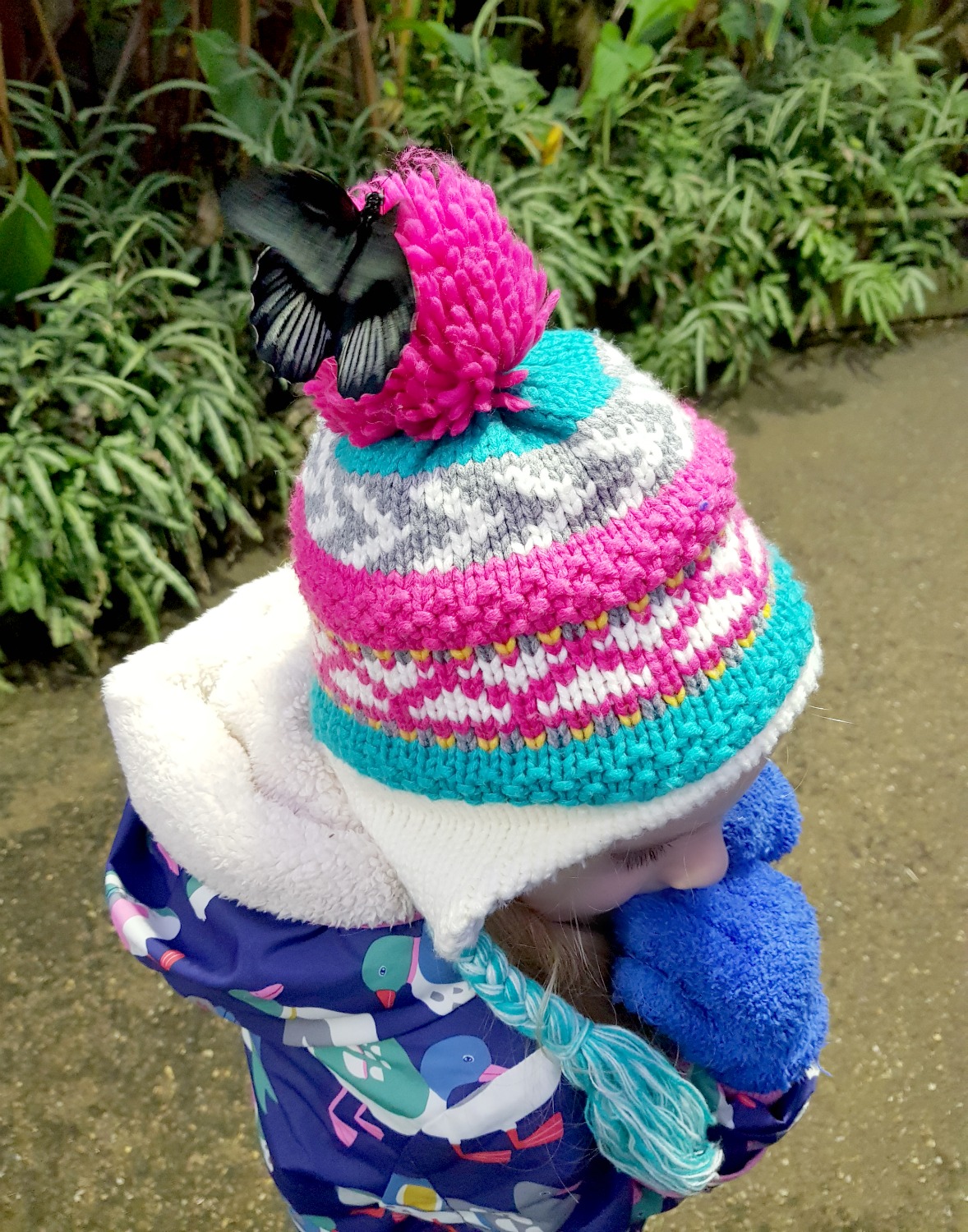 A butterfly lands on the pompom of my daughter's hat inside Butterfly Paradise - my tips for visiting London Zoo with kids