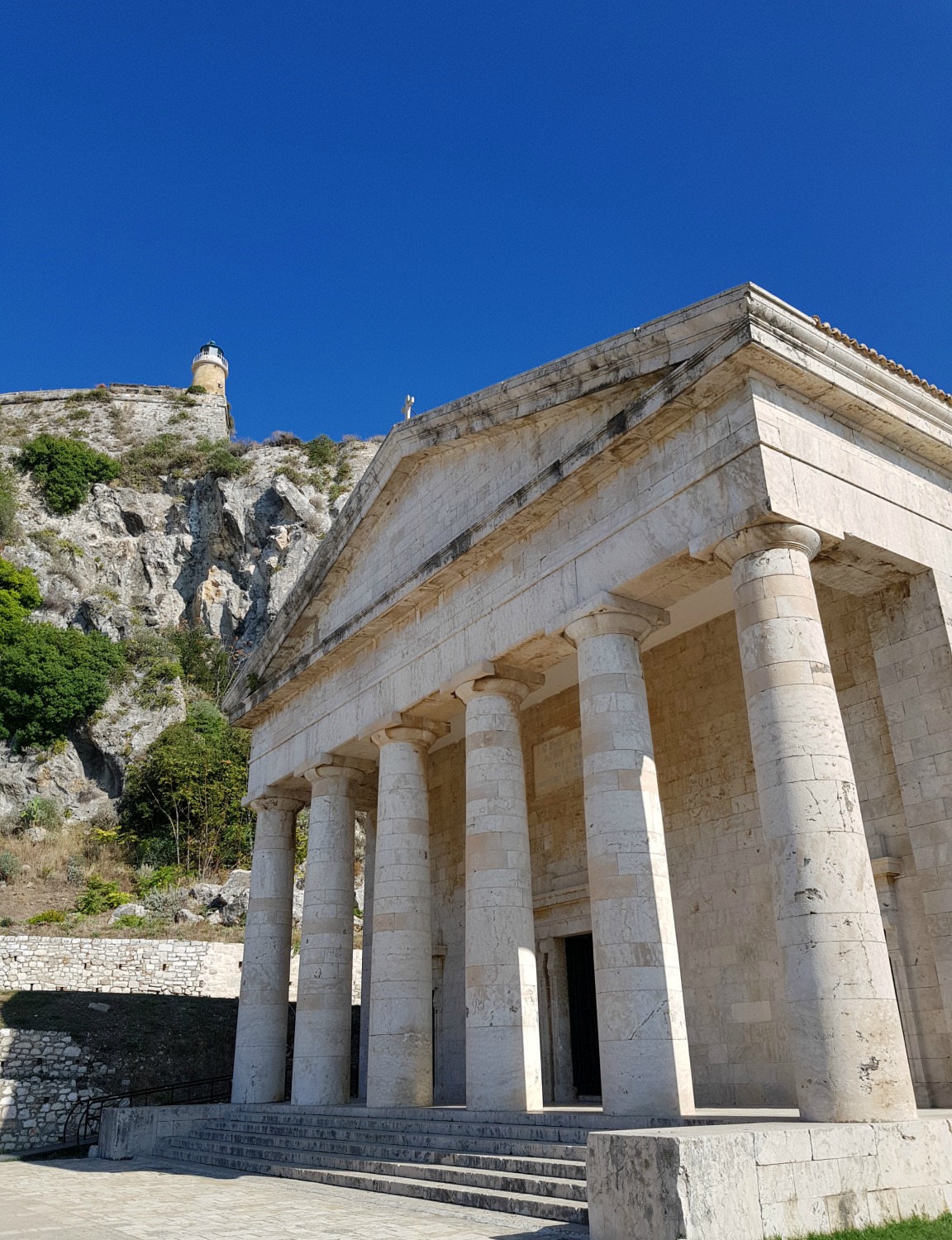 The Greek temple hiding a church dedicated to St George in Corfu Town's old Venetian fortress - three things to do in Corfu Town with kids