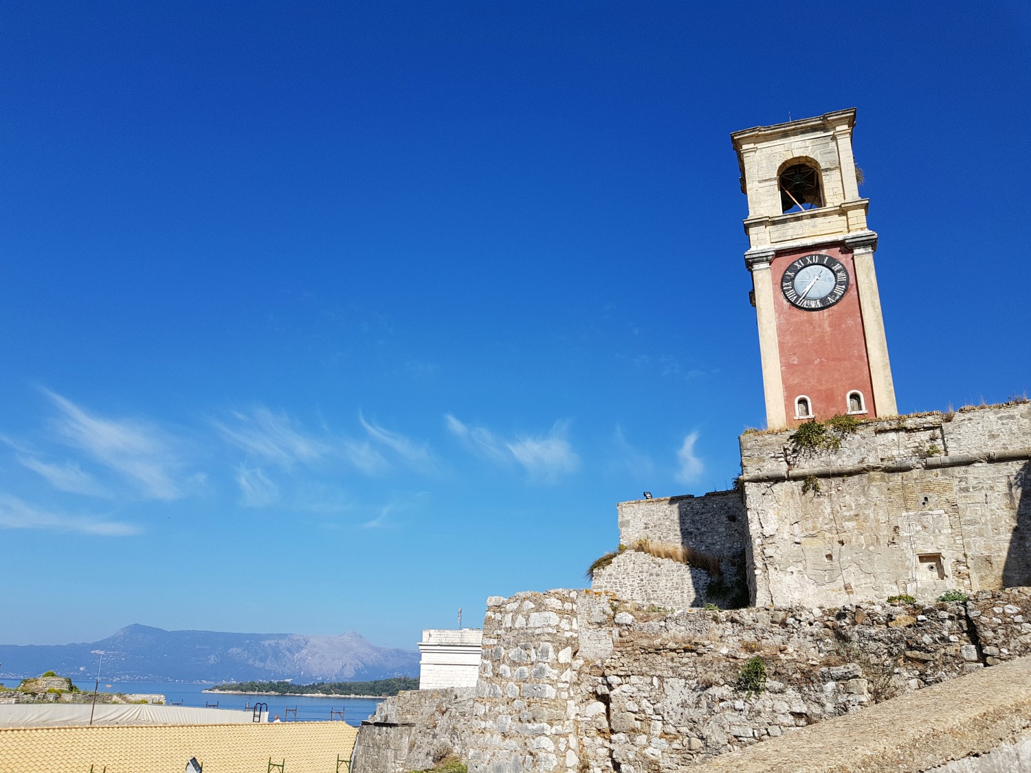 View up to the tower above Corfu Town's old Venetian fortress - three things to do in Corfu Town with kids