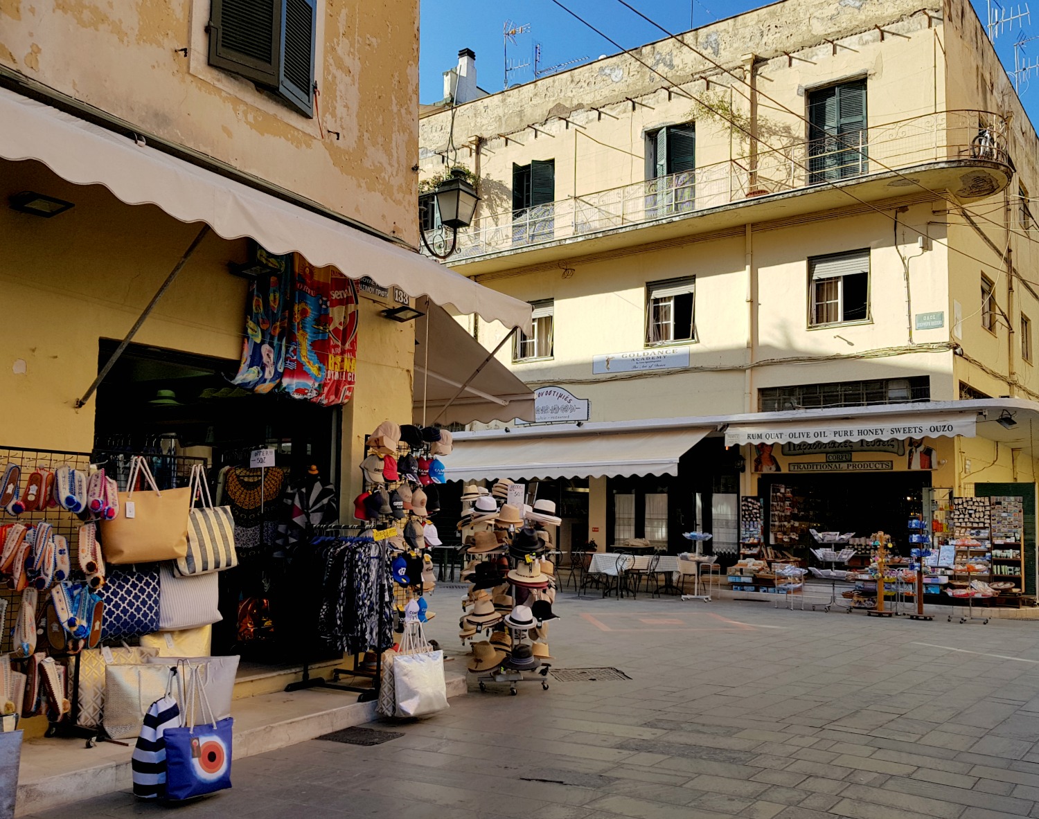 Souvenir shops in the streets of Corfu Town - three things to do in Corfu Town with kids