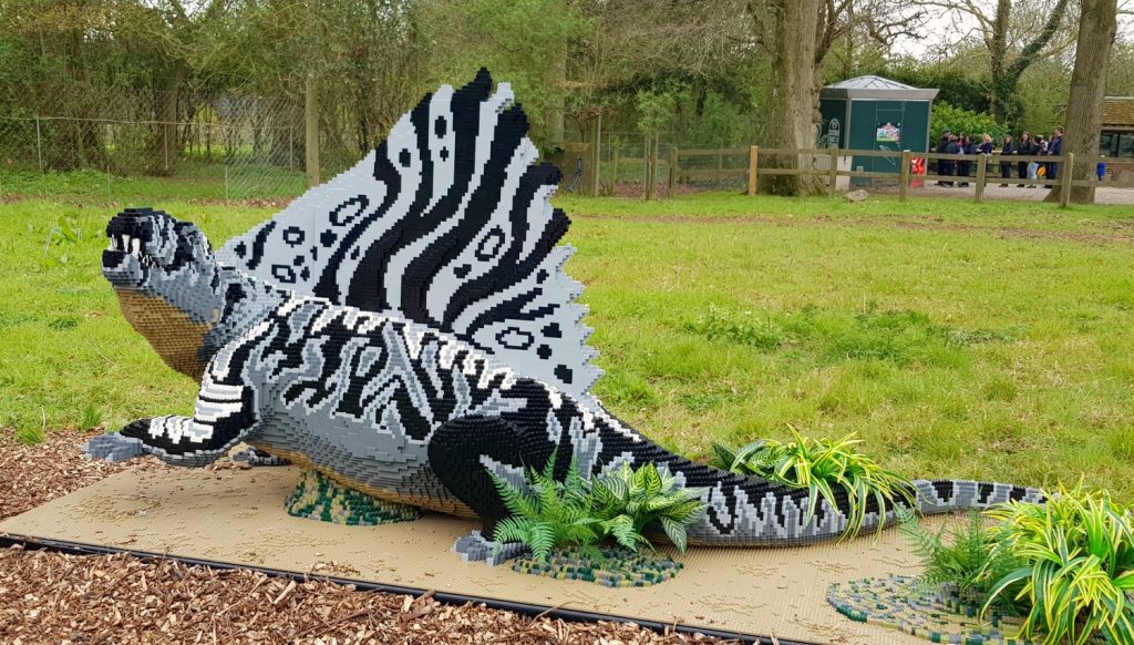 Black and white Lego dinosaur, one of the brickosaurs at Marwell Zoo