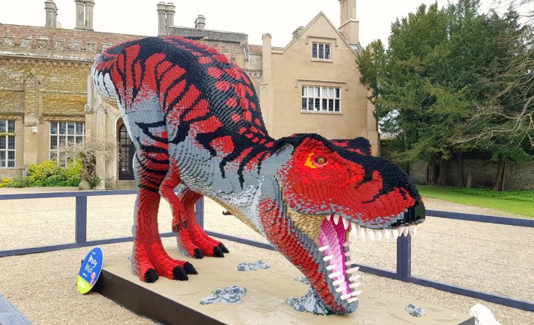The huge Lego T-Rex in front of Marwell Hall - one of the Marwell Zoo brickosaurs on display in Hampshire this year