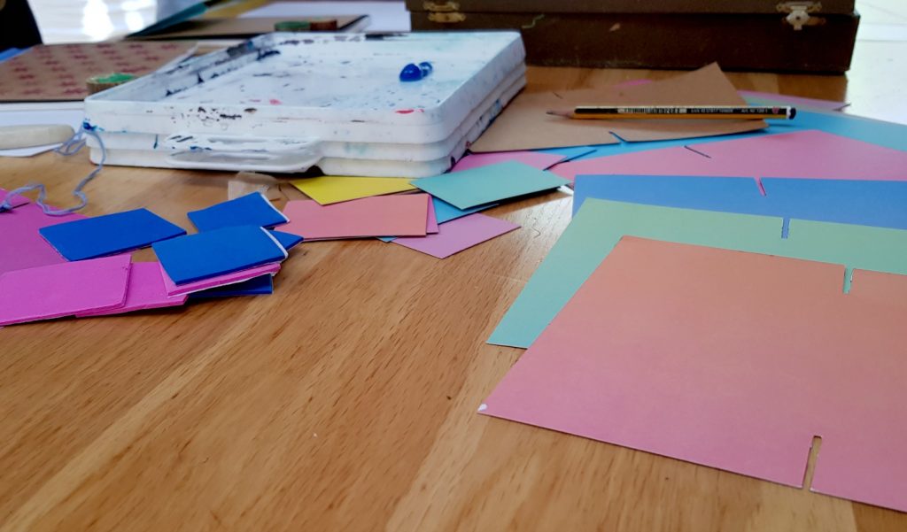 Card and craft material at the printmaking workshop at Penhein - one of the family activities at the glampsite