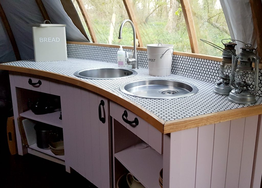 Kitchen inside our alachigh tent at Penhein glamping