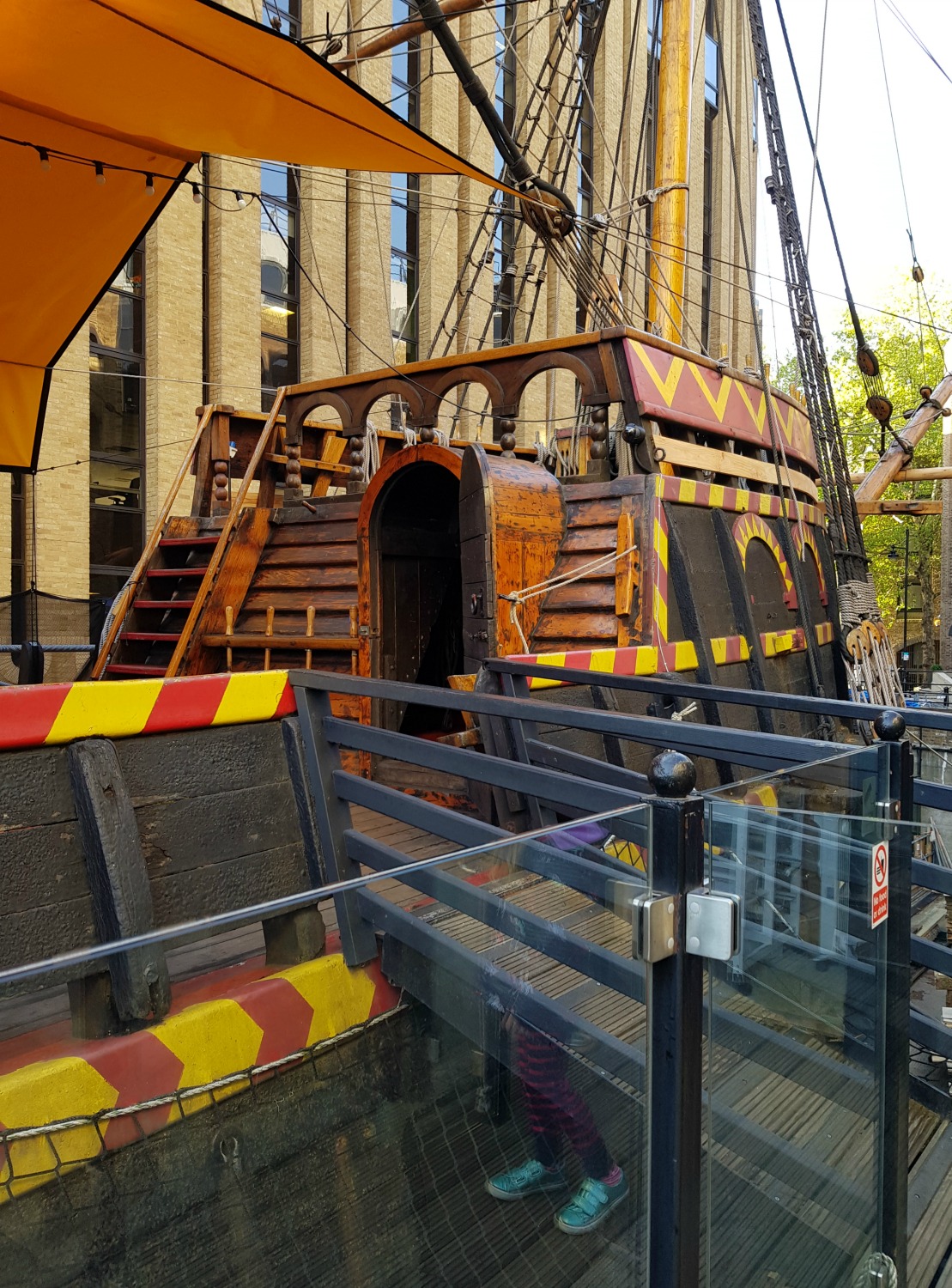 The glass barrier to the deck of the Golden Hinde in London