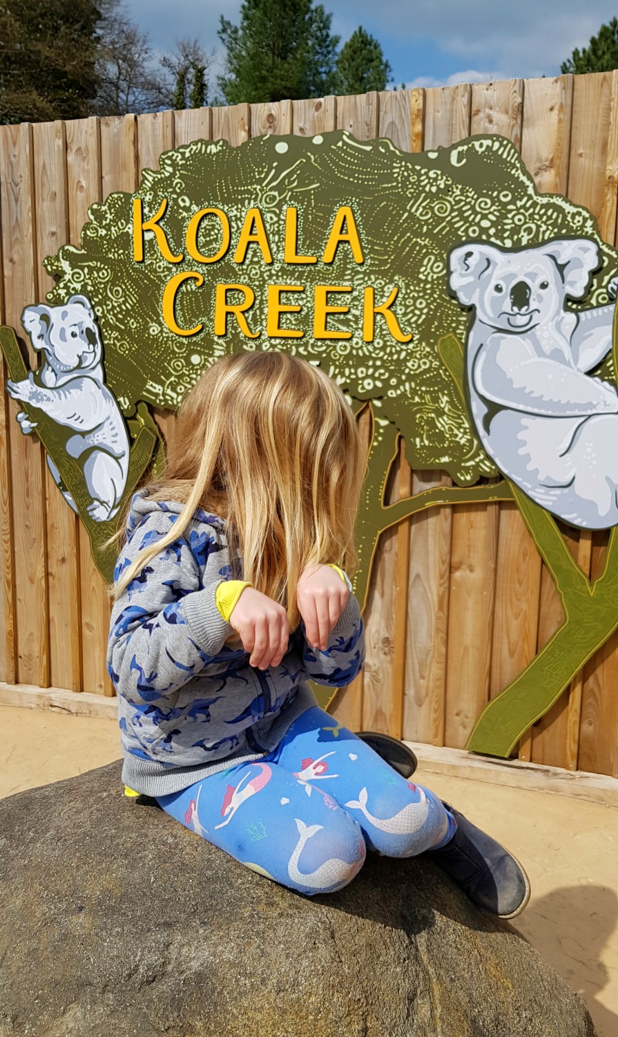 My daughter doing a koala impression outside Koala Creek at Longleat safari park