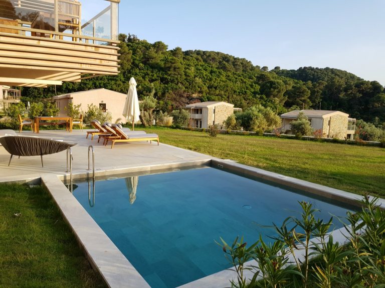 A view across our small pool to the terrace of our Nest suit at Elivi Skiathos - my review of Elivi Skiathos with kids